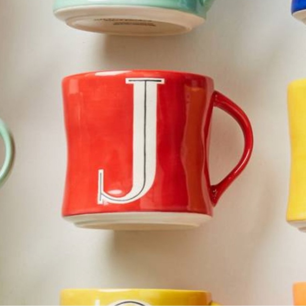 Anthropologie red hand painted Colorway "J" monogram initial mug